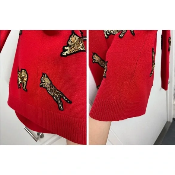 Alice + Olivia Red Bengal Cat Embroidered Grandpa Cardigan – Wool Blend, Size M - Picture 14 of 15